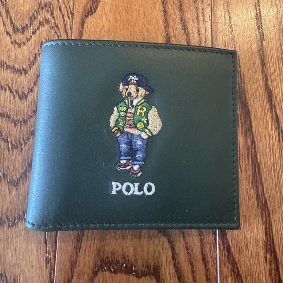 Polo Ralph Lauren Bifold Billfold Wallet Green Leather Preppy Bear Jacket - Picture 3 of 13